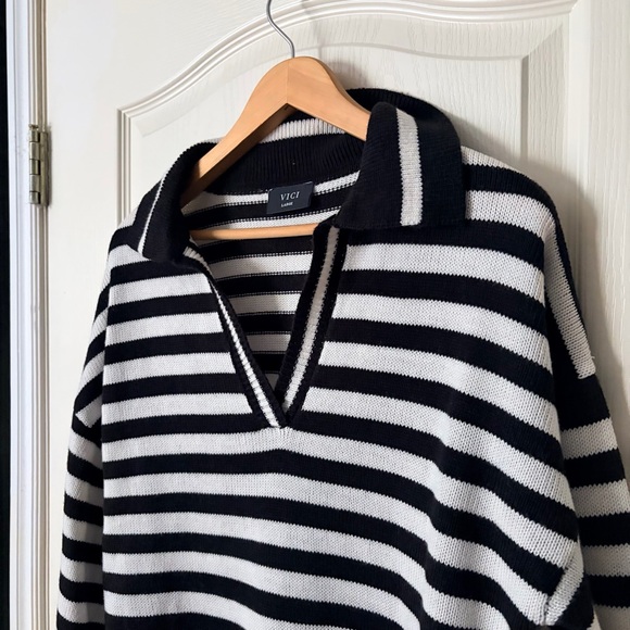 VICI Pasquale Black and White Striped Knit Collared Midi Dress, Large - Picture 5 of 12